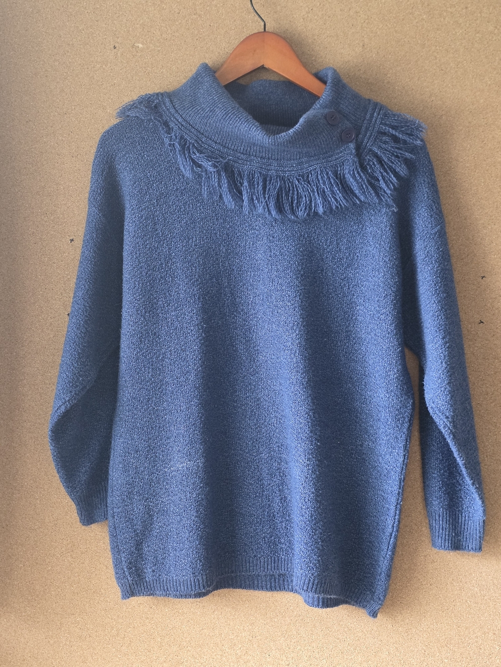 Vintage Sweetree Fringe Cowl Neck Sweater Blue Boho Shoulder Made in USA S/M
